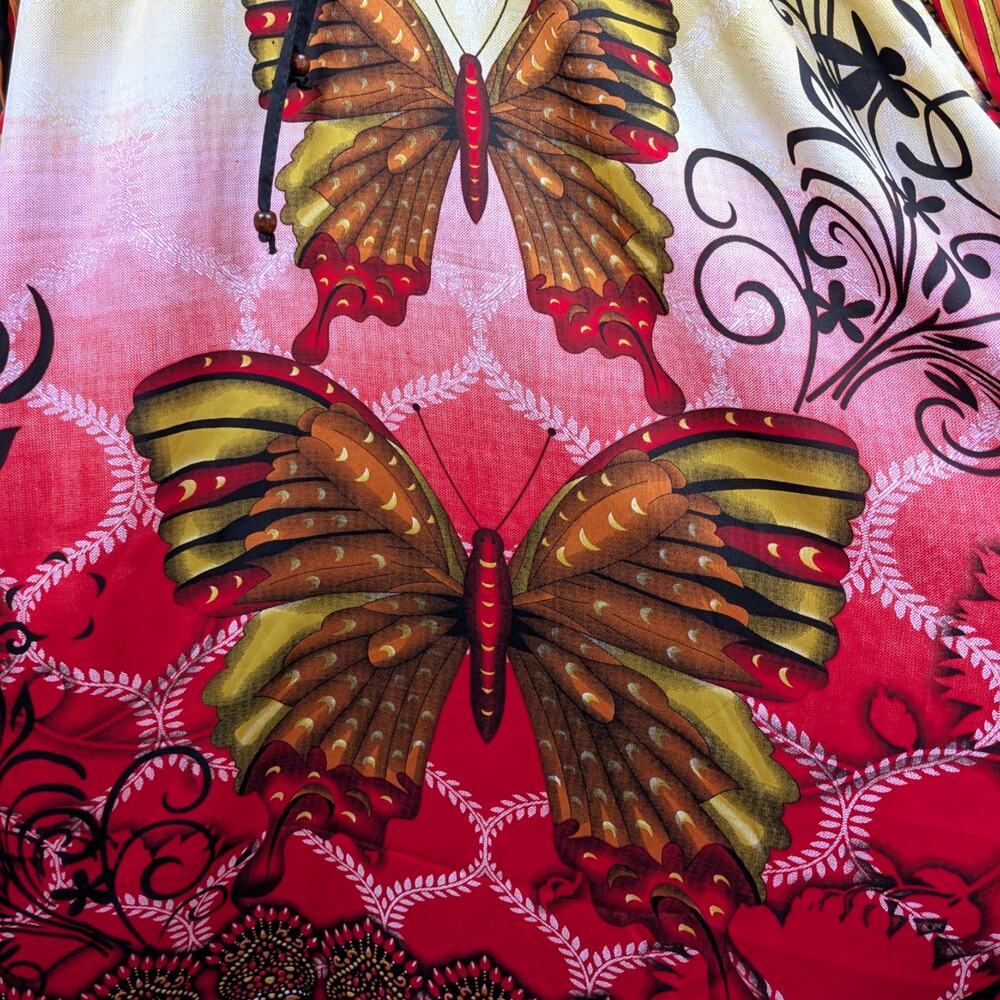 Jovie Butterfly Maxi Kaftan Dress OSFM Sunset Pink Yellow Drawstring Waist EUC - Picture 4 of 9